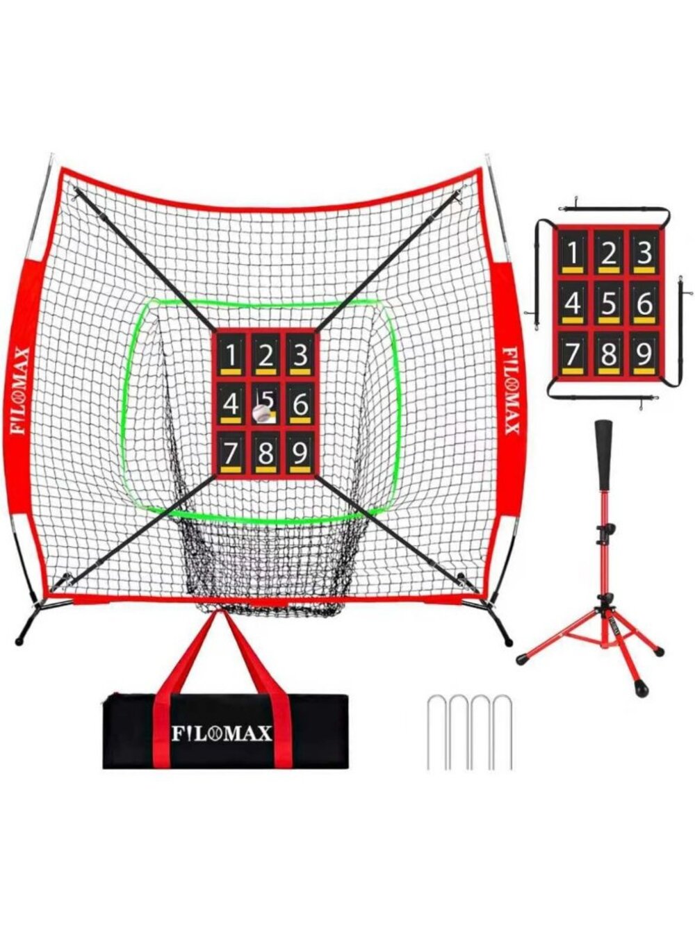 7x7ft Heavy Duty Baseball & Softball Practice Net with Strike Zone & Batting Tee